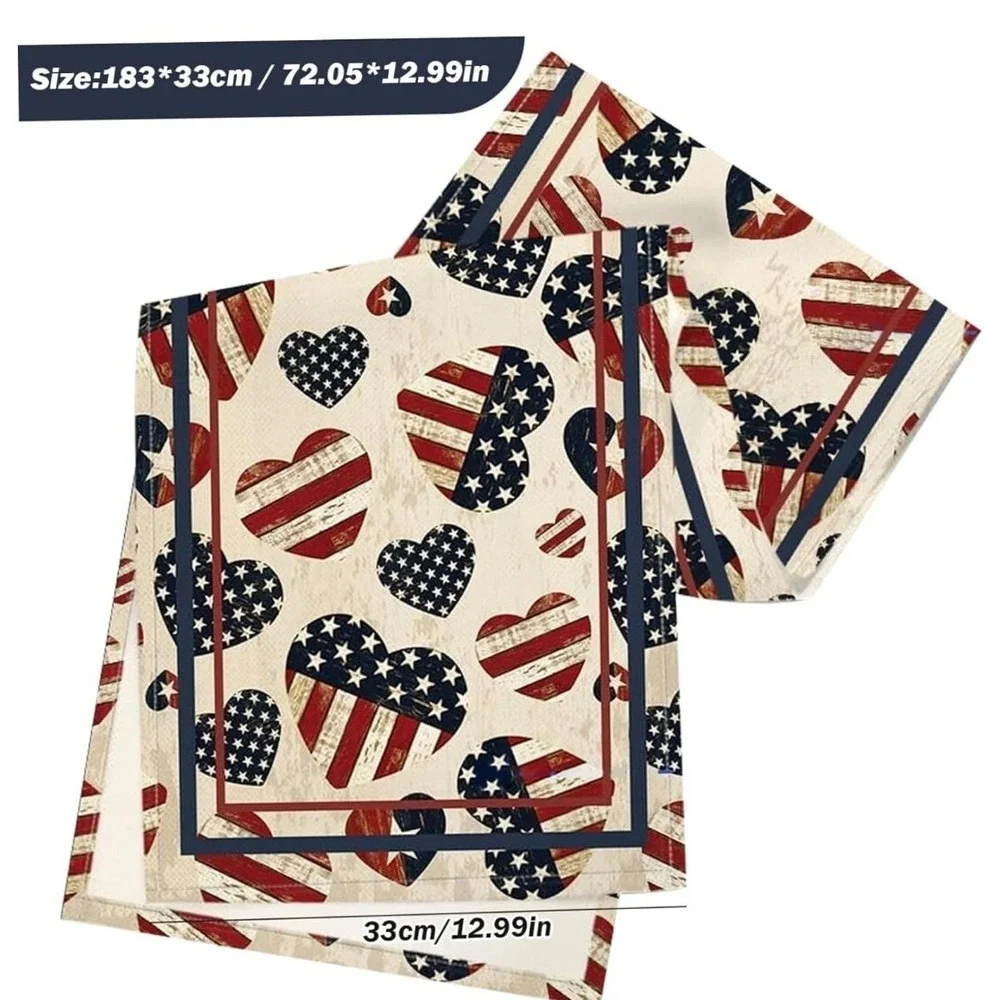 4th of July‎ Table Runner Stars Stripes  Hearts Patriotic Red White Blue 72x13in